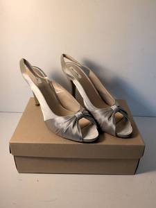lot 7 image: Sam & Libby Silver Satin Peep Toe Slingback Heels with Bow Detail