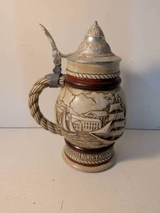 lot 53 image: German Beer Stein with Sailing Ship and Harbor Scene
