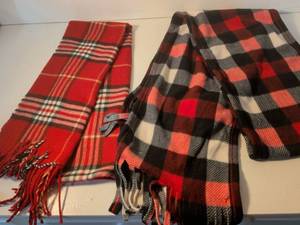 lot 94 image: Plaid Wool Scarves with Fringe Set of 2