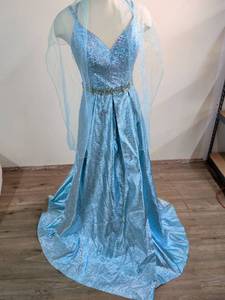 Blue Sequined Prom Dress with Beaded Belt Size S