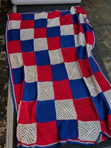 lot 174 image: Handmade Red White Blue Crochet Afghan Blanket