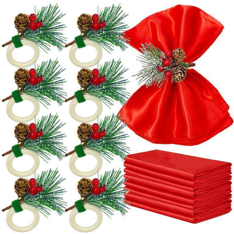 lot 16406 image: Christmas Napkins and Rings 8 PCS Christmas Napkin Rings Snowy Pine Cone Poinsettia Red Berry Wood Napkin Ring Holders Decor for Holiday Party Gathering Dinner (Napkins not included) - Retail $16
