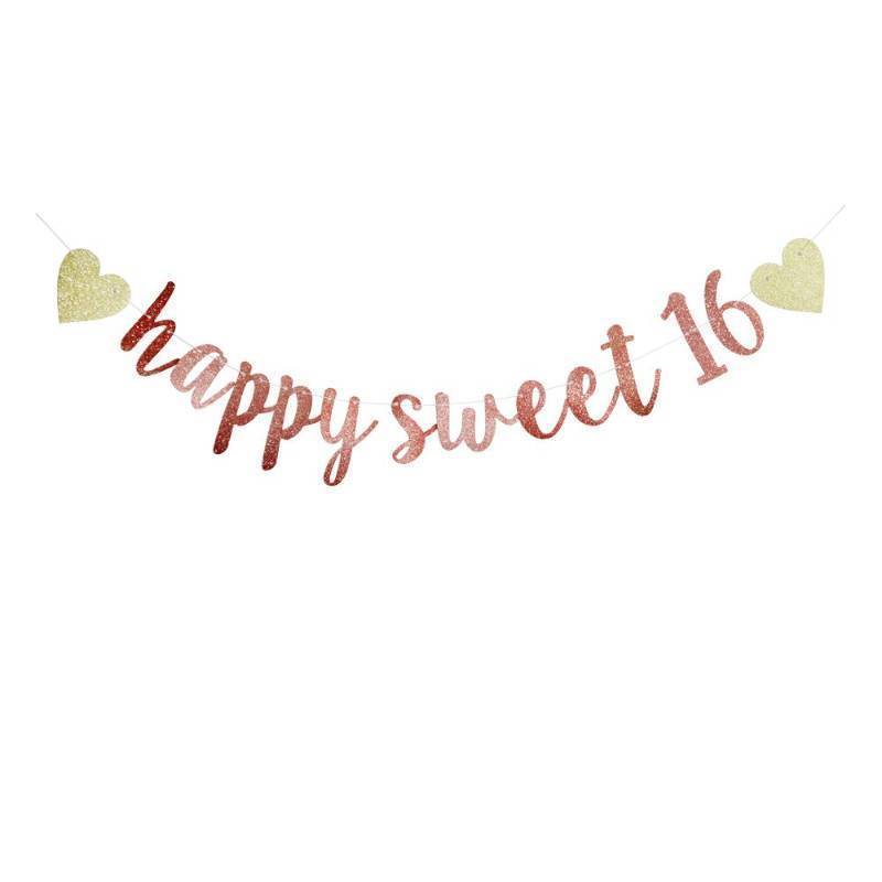 lot 16452 image: Happy Sweet 16 Banner, 16th Birthday Party Sign, Sweet Sixteen Party Supplies (Pink) missing letters E - Retail $7