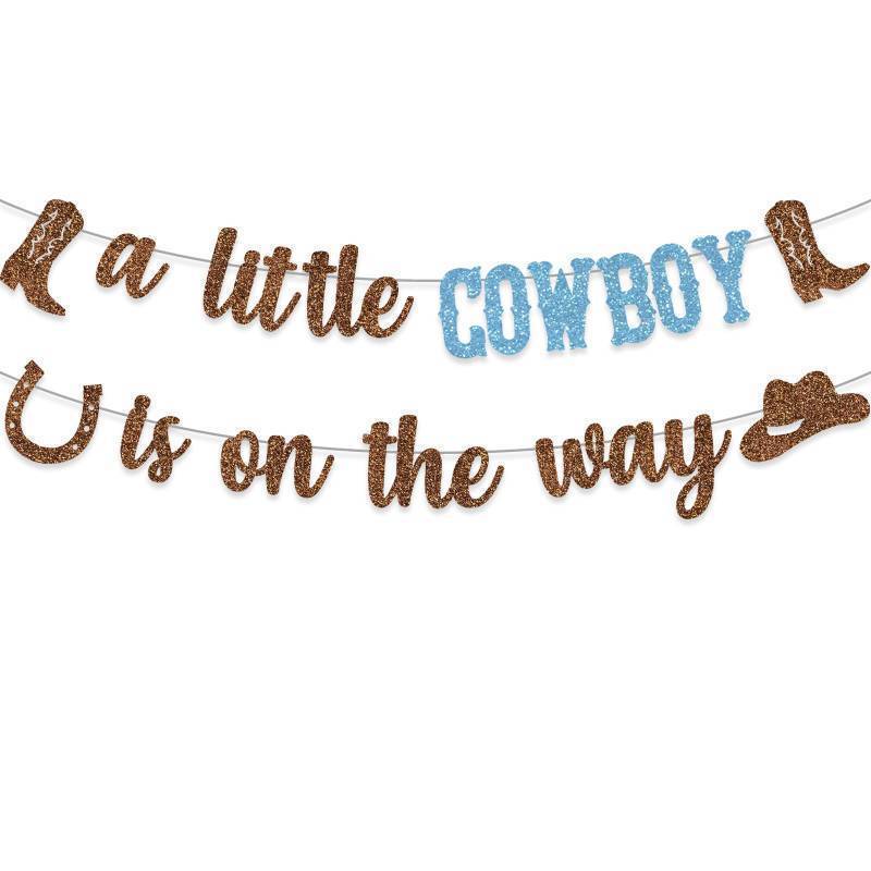 lot 16477 image: Cowboy Baby Shower Decoration A Little Cowboy Is On The Way Banner Western Boots Hats Backdrop Blue - Retail $10