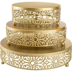 lot 27256 image: 3 Pack Cake Stand, Round Metal Cake Stands, 8 10 12 Dessert Display Cupcake Stands, Wedding Birthday Party Celebration Dessert Cake Display Plates-Gold - Retail $29