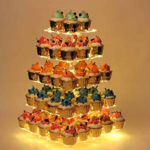 lot 27261 image: 5 Tier Cupcake Stand for 60 Cupcakes, Clear Acrylic Cupcake Tower with Yellow LED Lights and 4.7 Clear Tiers, Perfect for Weddings, Birthdays and Dessert Tables - Retail $37