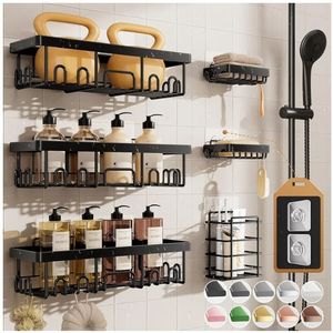 lot 27263 image: Shower Caddy 6-Pack, Advanced Rustproof Design, No Drilling Adhesive Shelves, Rack with Soap Holder, Large Capacity Bathroom Organizers and Storage, Wall-Mounted - Retail $30