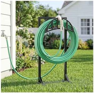 lot 27265 image: Garden Hose Holder, Water Hose Stand with 4 Stake and 2 Tool Hooks, Heavy-Duty Metal Hose Storage Holds 150Ft, Freestanding Hose Hanger Rack - Retail $40