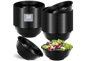 lot 27280 image: 50 Pcs Black Disposable Plastic Bowls Soccer 36 oz Texture Plastic Salad Bowls Large Stackable Serving Soup Microwave Safe Dinnerware for Birthdays Weddings Festivals Party - Retail $23