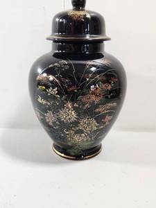 lot 99 image: Japanese Black Lacquer Ginger Jar with Floral Design and Gold Trim