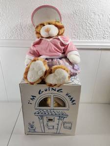 lot 205 image: Plush Brown and White Bear in Pink Victorian Dress with Original Box Vintage
