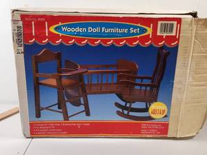 lot 265 image: Wooden Doll Furniture Set with High Chair, Rocking Chair and Cradle