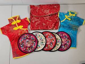 lot 342 image: Chinese Silk Brocade Clothing Set with Embroidered Decorative Discs