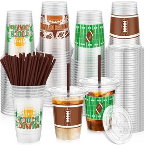 lot 22252 image: Kochorie 60 Sets 16oz Football Party Plastic Cups with Lids and Straws Football Party Favors Drinking Cups for Game Day Sports Themed Dinnerware Decoration - Retail $28