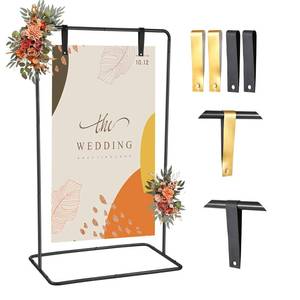 lot 22258 image: Nisoger Wedding Welcome Sign Stand, 68x32x16.5 Heavy Duty Easel Stand for Sign with 4 Leather Strap, Welcome to Our Wedding Sign Holder, Metal Floor Standing Easels for Signs, Poster - Retail $25