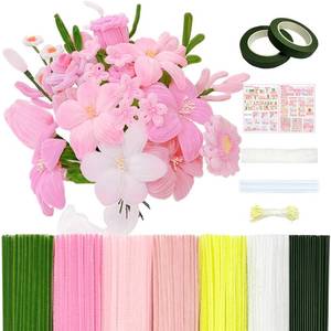 lot 22264 image: 601PCS Complete Pink Pipe Cleaners Flower Kit Pastel Pipe Cleaners for Flowers, DIY Craft Supplies for Projects, 6 Colors, with Floral Wires, Tape, Glue Sticks, Ribbon, Stamen, Manual & Video Tutorial - Retail $15