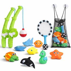 lot 22267 image: Magnetic Toddler Bath Toys - Kids Fishing Pool Game Set of 2 Fishing Poles, 8 Rubber Sea Animals, & Net - Water Toys with Mesh Organizer Bag - Retail $20