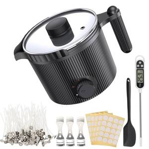 lot 22268 image: Candle Wax Melter with Pour Spout, Candle Making Kit for Adult Beginners, for Candle Making, Set Includes Wax Melting Pot, Stirring Spoon, Thermometer, Wick, Wick sticker and Centering Device - Black - Retail $34