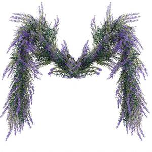 lot 22272 image: MAKHOT 6Ft Purple Lavender Artificial Garland Decor, Spring Summer All Year Lavender Deep Purple Garland, Green Wreath Vines Decorations for Table Home Wedding Mantle Arch Porch Party - Retail $19