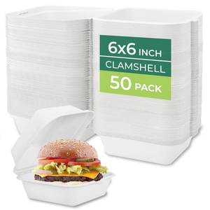 lot 22276 image: Freshware Clamshell Food Containers with Lids 6x6 50-Pack Disposable To Go Containers, Biodegradable Sugarcane To Go Boxes - Paper Container - Microwave & Freezer Safe, Stackable - Retail $14