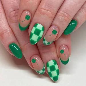 lot 42121 image: 24Pcs St. Patricks Day Press on Nails Medium Almond Fake Nails Green Shamrock French False Nails Design Nude Full Cover Artificial Grid Glue on Nail Irish Stick on Nail for Women Manicure - Retail $8