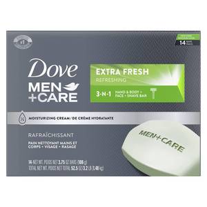 lot 42133 image: Dove MenCare Bar 3 in 1 Cleanser for Body, Face, and Shaving Extra Fresh 13 Bars to Clean and Hydrate Skin Body and Facial Cleanser Mandarin Citrus, Patchouli, and Rosemary scent 3.75 oz - Retail $15