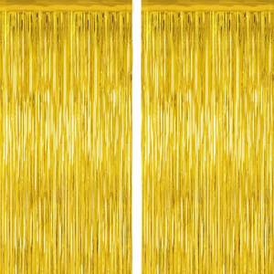 lot 42140 image: 2 Pack Gold Tinsel Backdrop, 3.28 FT x 7.05 FT Metallic Fringe Curtain, Gold Color Graduation Backdrop Party Streamers, Party Supplies Door Decorations for Birthday Anniversaries - Retail $6