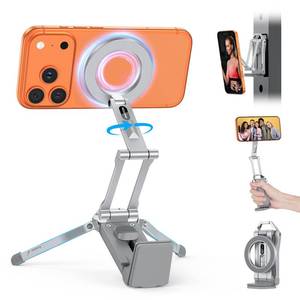 lot 42149 image: OMOTON TP02 360°Rotating for MagSafe Tripod Mount, Adjustable Aluminum Magnetic Phone Tripod for iPhone 17161514 Pro Max Air, Foldable Cell Phone Stand Fits Vlog, Gym, Travel Essentials, Silver - Retail $27