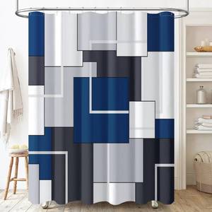 lot 42159 image: BTTN Navy Blue Fabric Shower Curtain - Geometric Water Repellent Shower Curtain Set, Machine Washable, Modern Decorative Polyester Cloth Shower Curtains for Bathroom - 72x72 - Retail $10