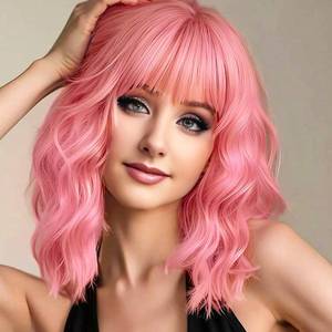 lot 42167 image: AGO Pink Wigs Short Wavy Hair Pastel Bob Wig with Bangs Shoulder Length Synthetic Hair for Women Girl Colorful Cosplay Wig Synthetic Heat Resistant Fiber for Daily Party Halloween Use(313#Pink) - Retail $17