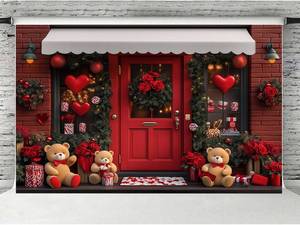 lot 42170 image: Valentines Day Store Backdrop 10 x 8 ft, Red Rose Flower Store Cute Bear Photography Background Romantic Valentines Day Party Decoration Banner - Retail $10