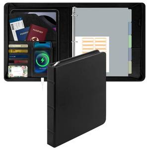 lot 42171 image: EYROZILL Zipper Portfolio Binder, 3 Ring Leather Binders 1-Inch Capacity for 8.5x11, with Document Pockets, Card Slots & Phone Holder (Black) - Retail $21