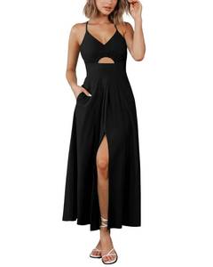 lot 42173 image: BTFBM Women 2026 Spaghetti Strap Midi Summer Dresses Sleeveless V Neck Cutout Slit Casual Beach Party Maxi Dress Pockets(Black, Medium) - Retail $50