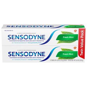 lot 42208 image: Sensodyne Fresh Mint Sensitive Toothpaste, ADA Accepted Toothpaste for Cavity Prevention and Sensitive Teeth Treatment - 4 Ounces (Pack of 2) - Retail $12