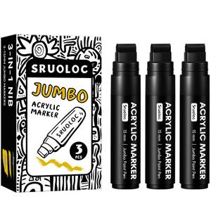 lot 42210 image: SRUOLOC 3 Jumbo Permanent Markers Black, 15mm Thick Wide Tip, Large Acrylic Paint Markers for Rock Painting, Poster, Stone, Ceramic, Glass, Wood, Canvas - Retail $10