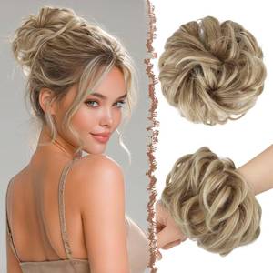 lot 42225 image: FESHFEN Large Messy Bun Hair Piece - Wavy Synthetic Chignon Scrunchies Elastic Ponytail Hair Extensions Thick Hairpieces for Women, Mixed Blonde and Ash Blonde Tips 1.94oz - Retail $10