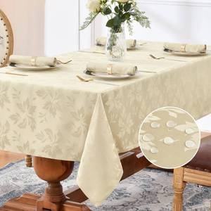 lot 45167 image: Romanstile Spring Jacquard Rectangle Tablecloth - Outdoor Waterproof Damask Floral Pattern Decorative Table Cloths Heavy Weight Fabric Table Covers for DinnerPartiesOutdoor - 60 x 120 Inch, Beige - Retail $26