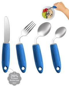 lot 45175 image: BaseSmall 4-Piece Adaptive Utensils Set - 42°Angled Parkinsons Utensils, Weighted Utensils for Tremors and Parkinsons Patients, Blue (Left-Handed) - Retail $26