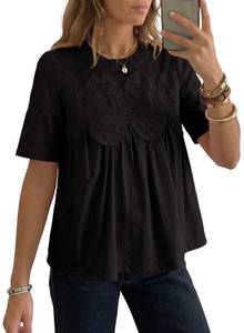 lot 45176 image: Dokotoo Cute Summer Blouses for Women 2026 Round Neck Short Sleeve Flowy Shirts Dressy Tunic Business Casual Outifits Lace Mesh Patchwork Work Shirts Black Large - Retail $25
