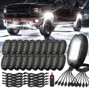 lot 45187 image: 20 Pods Alloy Pure White LED Rock Lights with Extension Wires, IP68 Waterproof Shockproof 24LEDs 6500K Super Bright White Neon Underglow Kit for Semi Trucks Trailer Offroad Pickup Boats Sedans RV - Retail $111