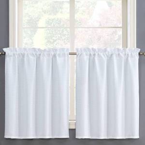 lot 45191 image: Home Queen White Water Resistant Bathroom Window Curtain, Waffle Textured Half Tier Curtains for Kitchen Cafe, 36 W X 36 L Inches, Set of 2 - Retail $17