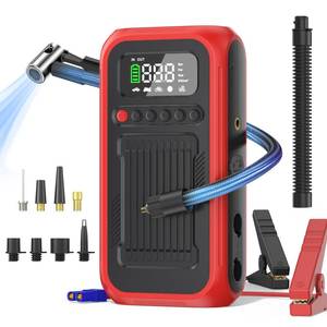 lot 45200 image: Tire Inflator Portable Air Compressor, 12V Car Jump Starter, 150PSI & 28000mAh Air Pump with Air Blower, Digital Pressure Gauge and LED Light, Electric Air Pump for Car, Motorcycle, Balls, Bike Pump - Retail $44