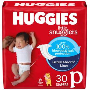 lot 45209 image: Huggies Newborn Diapers, Little Snugglers Baby Diapers, Size Preemie (up to 6 lbs), 30 Count - Retail $10