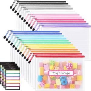 lot 45234 image: Sooez 24 Pack Mesh Zipper Pouch with Sticky Labels, A4 Mesh Bags, Toy Storage Board Game Puzzles Organization, Sturdy Letter Size File Folders Organizer for Teacher School Classroom Office Supplies - Retail $15