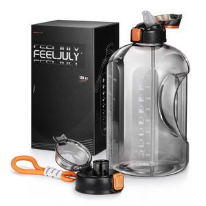 lot 45235 image: Feeljuly 1 Gallon Water Bottle with Straw, 128 oz Large Water Jug with Times to Drink, Reusable Leak Proof with Handle, 2 Lids BPA Free Big Sports Bottles for Fitness Gym Camping (Grey, 128 Ounces) - Retail $30