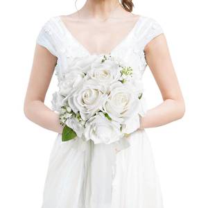 lot 45239 image: DIYDOFUN Wedding Bouquet for Bride - Premade Simple Artificial Roses Flowers for Bridal Shower Destination Ceremony Anniversary Decorations - White - Retail $20