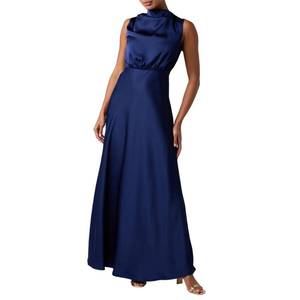 lot 45244 image: Lulus Ada Satin Maxi Dress Womens Sleeveless Mock Neck Cocktail Dress with A-Line Skirt and Back Cutout Navy Large - Retail $87