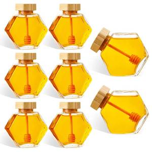 lot 45249 image: Sunnyray 8 Pcs Glass Honey Jars with Dipper Hexagonal Clear Glass Dispenser Small Honey Containers Bottle with Wooden Dipper and Cork Lid for Home Storage Kitchen (220 ml) - Retail $28