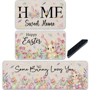 lot 45256 image: Romart 3 Pcs Easter Kitchen Rugs Set, Bunny Floral Sweet Home Runner Rug Set, Easter Bunny Floor Mats for Spring Holiday Home Kitchen Decor, with 12 Pcs Corner Grippers
