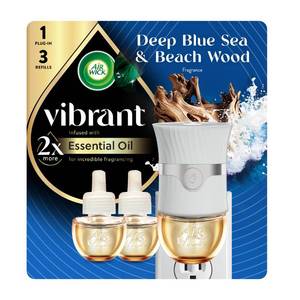 lot 45262 image: Air Wick Vibrant Plug In Scented Oil Warmer  Refills, Infused with Essential Oils, Plug In Air Fresheners for Home, Deep Blue Sea & Beach Wood, Gadget  3 ct - Retail $12